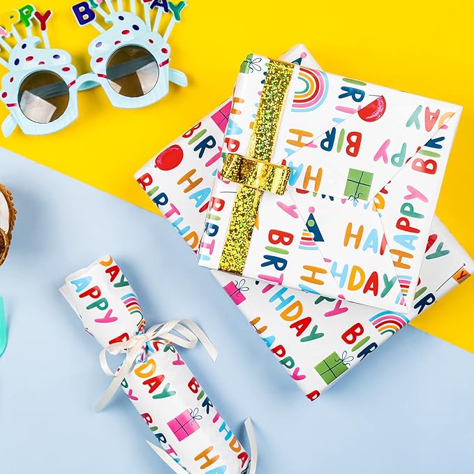 WRAPAHOLIC Reversible Wrapping Paper - Mini Roll - 17 Inch X 33 Feet - Colorful Happy Birthday Lettering Design, Perfect for Parties, Baby Showers
