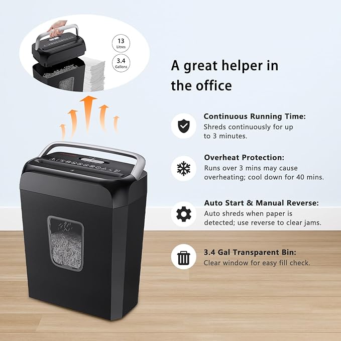 Bonsaii Paper Shredder for Home Office, 6-Sheet Cross-Cut, Shreds Paper, Credit Cards, Mail, Staples & Clips, 3.4-Gallon Clear Bin with Handle