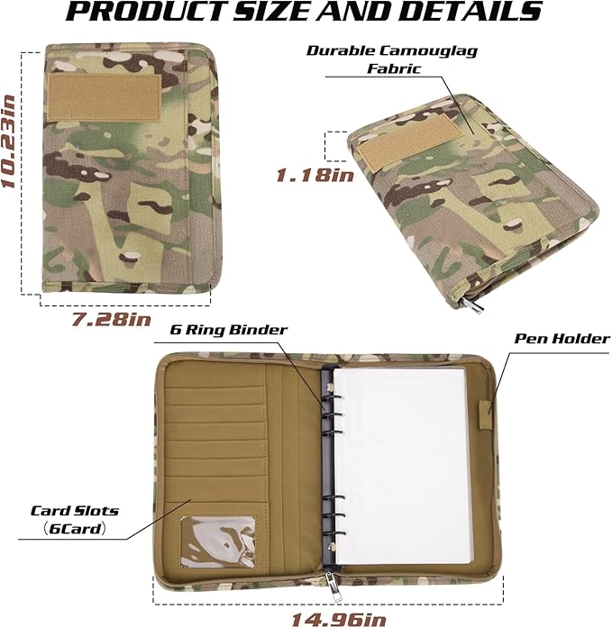Military Padfolio Ring Binder with 80 Sheets 160 Pages of Leaf Paper, Military Notebook with Zippered Padfolio Organizer, Refillable Tactical Notebook 6-Ring A5 Notebook Paper (10" x 7.3")