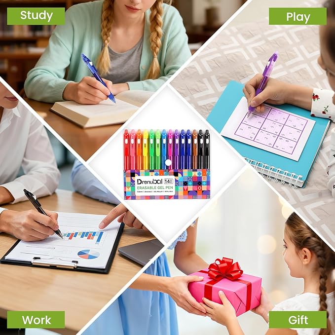 14-pack Erasable Pens - 8 Black, 3 Blue & 3 Red Gel Ink, Multi-Color Writing, Smooth Grip Pens for Note-Taking, Office Work, School Tasks - Great for Students, Office Workers & Organizers
