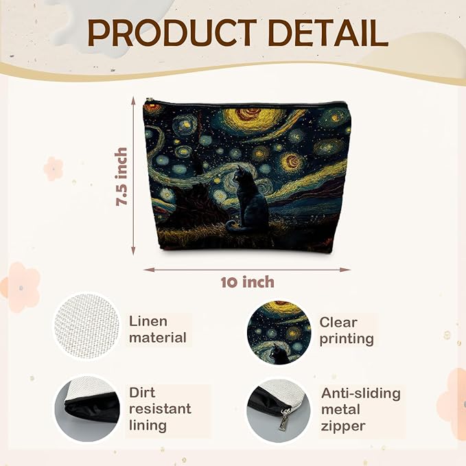 Starry Night Black Cat Makeup Pouch Cosmetic Bag Mom Lady Gifts for Women Cat Lovers, Cat Bag for Women