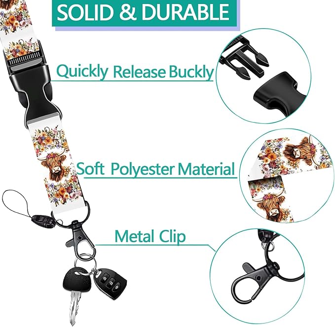Vintage Highland Cow Lanyards for ID Badge Holder for Women, Cute Florals Teacher Lanyard with ID Holder Clip, Retractable Keychain Badge Reel, Teacher Student Nurse Work Office