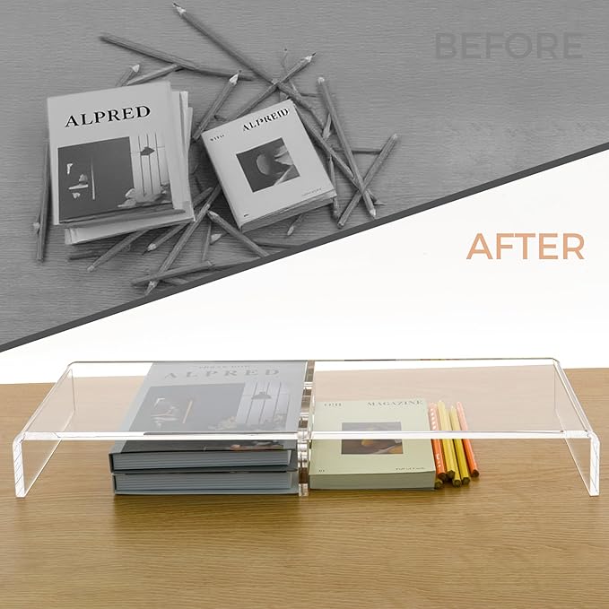 20" Crystal Clear Acrylic Monitor Stand Riser - Fits iMac/Printer/TV, Ergonomic 3" Elevation w/Hidden Keyboard Storage, Sleek Desk Organizer for Home Office