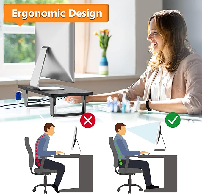 Monitor Stand Riser with 50 LB Capacity, Stable Wood Computer Monitor Stand for Desk Organizers, Computer Riser Monitor Shelf for PC Laptop Notebook Printer Computer iMac, 1-Step Installation, Black