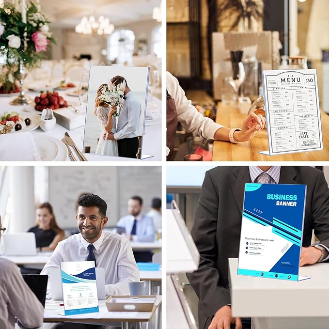 6 Pack Acrylic Sign Holder 8.5 x 11, Clear Plastic Display Stands for Tabletop, L-Shape Acrylic Stands for Flyers, Documents, Office, Restaurants, Vertical Sign Holder 8.5x11 for Desktop