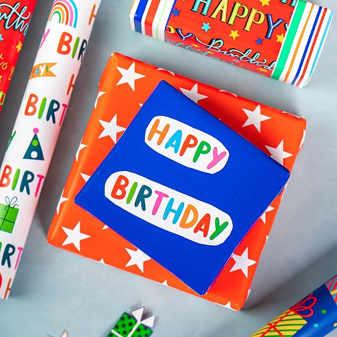 WRAPAHOLIC Reversible Birthday Wrapping Paper - 3 Mini Rolls - 17 Inch X 120 Inch Per Roll - Happy Lettering and Gift Box for Kid's Birthday, Baby Shower