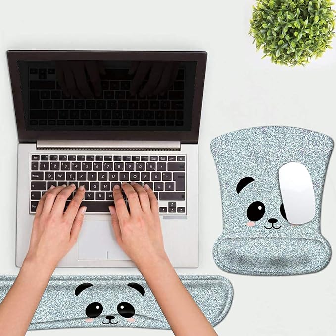 Mouse Pad Wrist Rest Support Set Keyboard Wrist Rest Pad Panda Ergonomic Mousepad Memory Foam Comfortable Keyboard Pad Come with A Coffee Cup