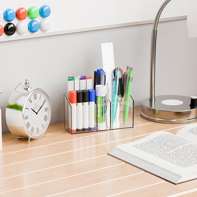 Yieach Clear Magnetic Pen Holder for Refrigerator,Locker,Non Slip Magnetic Marker Holder for Whiteboard,Fridge,Classroom Organizer,4 Compartment Acrylic Magnet Cup for Expo Dry Erase Markers,Pencil