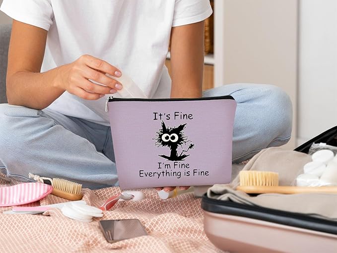 Funny Cute Cat Makeup Bag,Cat Lover Gifts For Women,Its Fine Im Fine Everythings Fine,Black Cat Cosmetic Bag Small Pouch,Birthday Gift,Coworker Gifts(Purple)