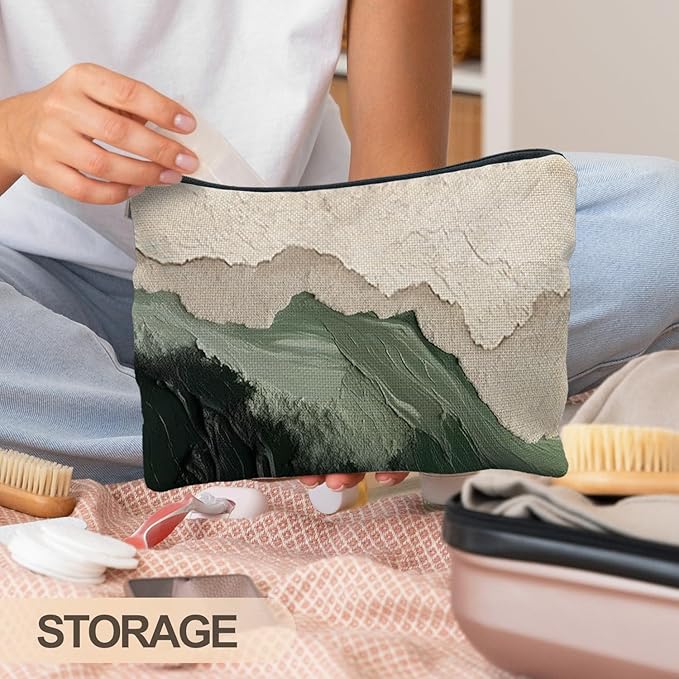 Abstract Sage Green Beach Makeup Bag, Modern Ocean Waves Beachy Cosmetic Bags for Women, Gifts for Beach Lovers, Minimalist Beige Ocean Aesthetic Zipper Makeup Pouch