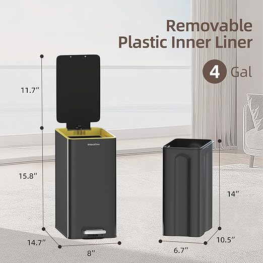 Stainless Steel Trash Can with Soft Close Lid,15 Liter/4 Gallon Garbage Can Removable Wastebasket, Rectangular for Bathroom, Office,Living Room (Black)