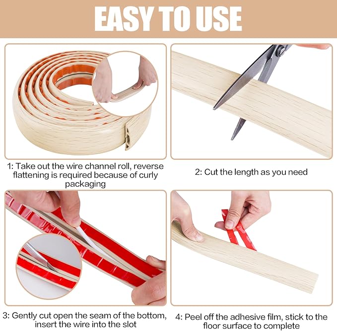 Floor Cord Cover Cavity 0.8"x0.37" Self Adhesive Cord Hider, 3.3FT Low Profile Cable Management, Extension Strip Protector for Wires, Prevent Cable Trips for Offices, Gyms, Exhibitions (Yellow Wood)