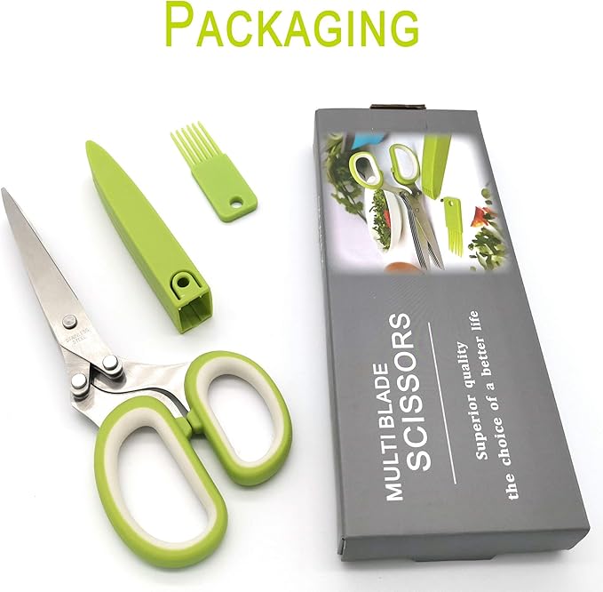 Herb Scissors with 5 Blades & Cleaning Kit, Stainless Steel Kitchen Shears for Herbs, Lettuce, Cilantro, Dishwasher Safe, Soft-Grip Handle