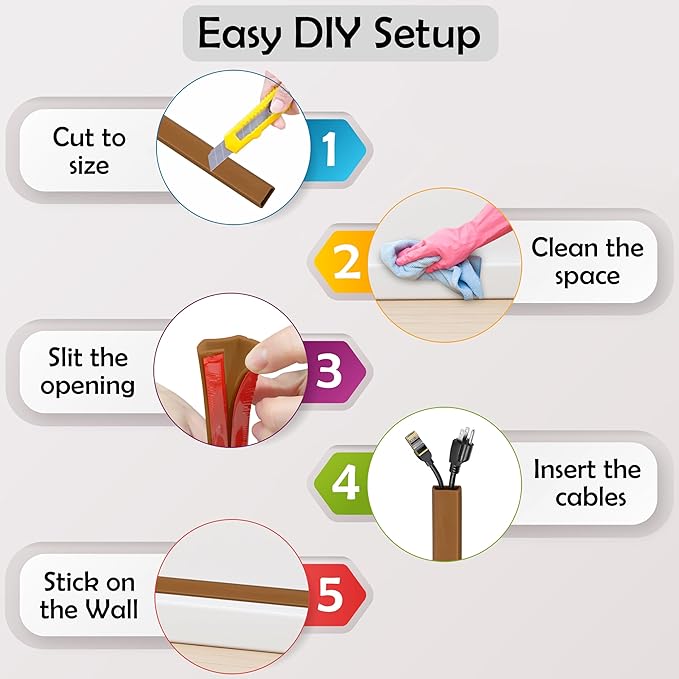 Rubber Bond TV Cord Hider Cable Protector - Strong Self Adhesive Wall Cord Cover Cable Hider - Low Profile Cable Management Wall Cord Concealer Cable Raceway (Brown, 10 Feet)