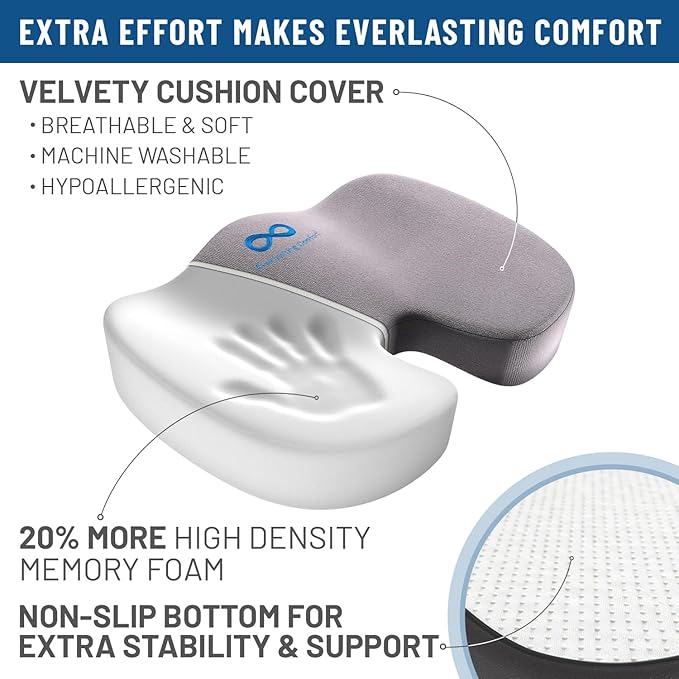 Everlasting Comfort Doctor Recommended Memory Foam Seat Cushion for Office Chairs & Car - Ergonomic Office Desk Accessories - Cushions for Tailbone Pain Relief, Sciatica (Gray, Large)