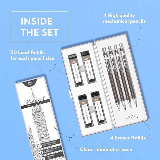 MozArt Supplies Mechanical Pencil Set with Case - 4 Sizes: 0.3, 0.5, 0.7 & 0.9mm with 30 HB Lead Refills Each & 4 Eraser Refills - Sketch, Drafting, Art, Drawing Supplies (Nickel)