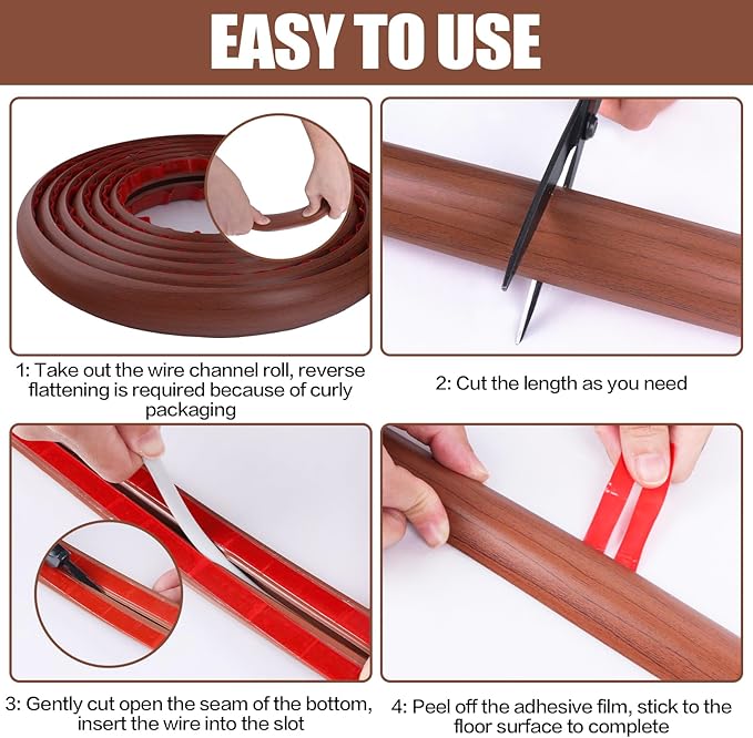 Floor Cord Cover Cavity 0.8"x0.37" Self Adhesive Cord Hider, 10FT Low Profile Cable Management, Extension Strip Protector for Wires, Prevent Cable Trips for Offices, Gyms, Exhibitions(Red Teak)