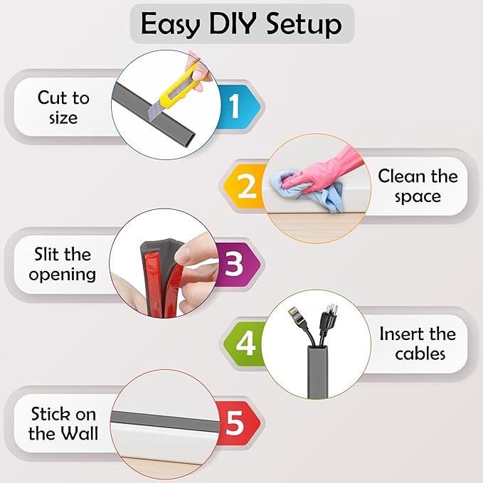 Rubber Bond TV Cord Hider Cable Protector - Strong Self Adhesive Wall Cord Cover Cable Hider - Low Profile Cable Management Wall Cord Concealer Cable Raceway (Grey, 10 Feet)