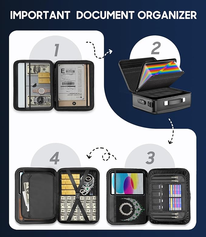 Fireproof Document Box with Lock, Hard-Shell Fireproof Safe for Home Documents, Portable Travel Fire Proof File Box for Passport Laptop Certificates, Black