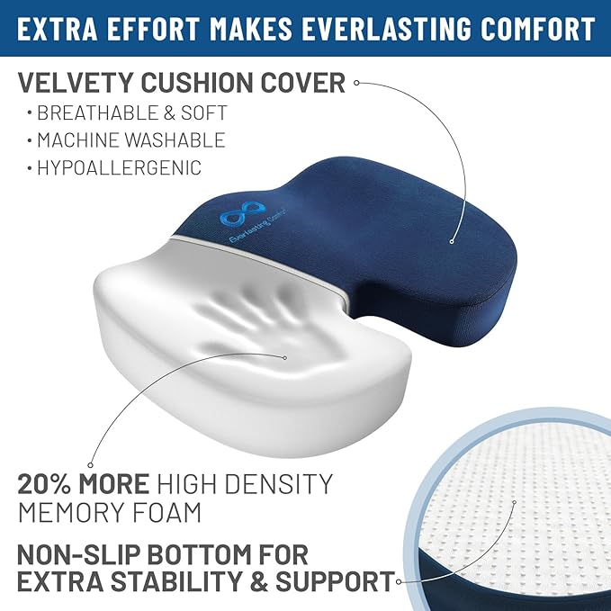 Everlasting Comfort Doctor Recommended Memory Foam Seat Cushion for Office Chairs & Car - Ergonomic Office Desk Accessories - Cushions for Tailbone Pain Relief, Sciatica (Navy Blue, Large)
