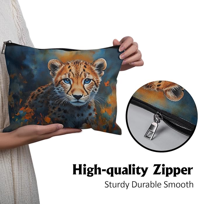 Cafl Cheetah Cub Blue Eyes Makeup Bag for Women Large Capacity Make Up Bag Portable Travel Cosmetic Bag Toiletry Pouch Organizer 10 * 8inch
