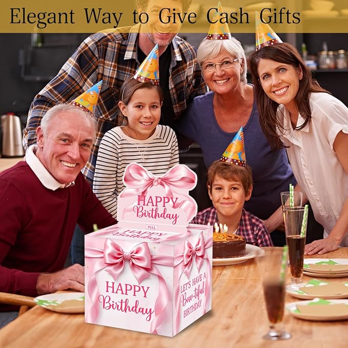 Pink Bow Birthday Money Gift Boxes for Cash, Bow-Tiful Birthday Money Pull Box for Women Girls