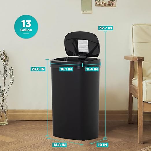 PayLessHere | 13 Gallon Plastic Trash Can | Black | Automatic Touchless Lid with Motion Sensor | Kitchen Garbage Can with Waterproof Design | for Home, Office, Bathroom | Pack of 1