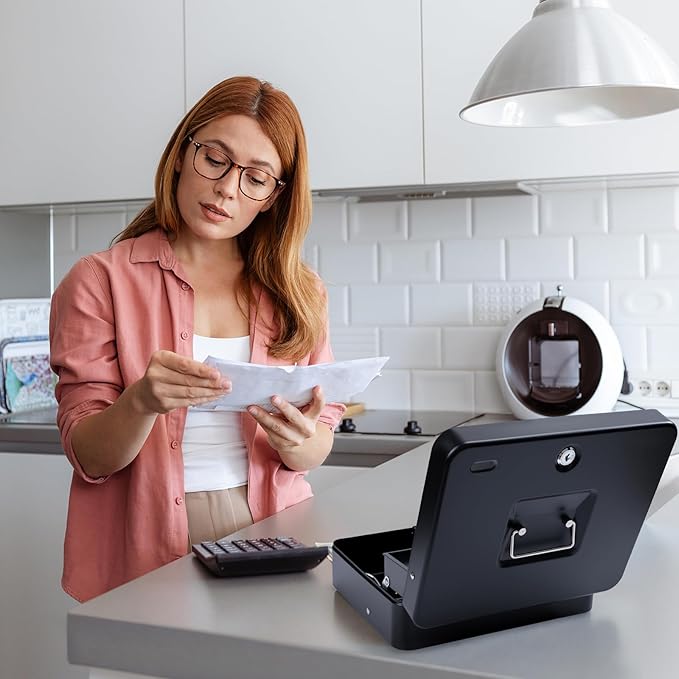 Cash Box with Money Tray and TOP Key & Push-Button Lock, Money Saving Lock Box, Safe Locking Box for Cash Register XL 11.8"x9.45"x3.54" Black