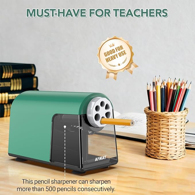 AFMAT Electric Pencil Sharpener Heavy Duty, 6 Holes, Cordless & Rechargeable, Fast Sharpen, Auto Stop, 10K+ Uses, Classroom Pencil Sharpener for 6-11mm No.2/Large/Colored Pencils PSD2(Green)