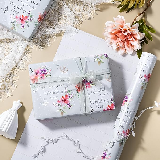 WRAPAHOLIC Wedding Wrapping Paper - Mini Roll, 17 Inch x 33 Feet, Silver Foil Floral & Congratulations Design, Perfect for Wedding, Anniversary & Party Gifts
