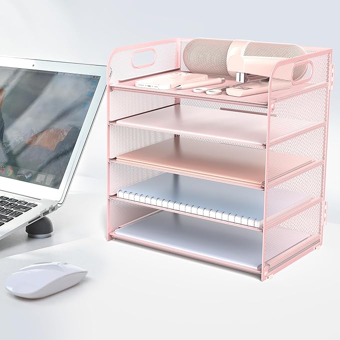 Sinboun Letter Tray Paper Organizer 5-Tier Desk Organizer File Organizer Paper Holder with Handle, Metal Desktop Document Shelf Tray Office Classroom Organization - Pink, PK5CENGTISHOU