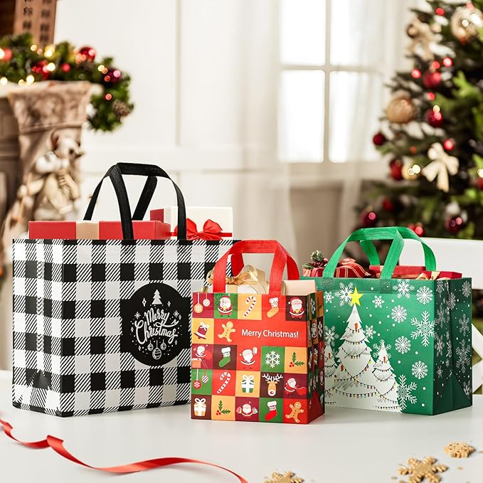 YANGTE 20 Pack Christmas Gift Bags Assorted Sizes, Reusable Tote Bags with Handle, Includes 4 Large 8 Medium 8 Small Non-Woven Christmas Bags for Xmas Party Favors