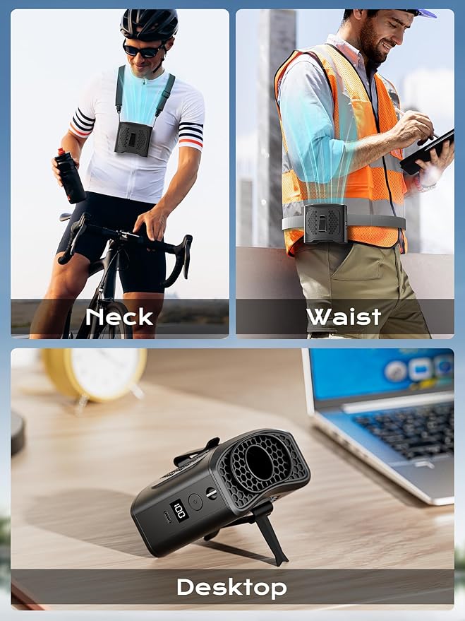 Portable Waist Fan Clip On, 4 Speeds 13000RPM Strong Airflow with 10000mAh Battery & Mobile Charging, Wearable Shirt Fan for Neck with SOS Light, LCD Display, Type-C Fast Charge, Outdoor Trave-Black