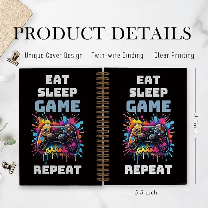 Eat Sleep Game Repeat Spiral Notebook, Game Journal Gifts for Gamer, Boys Gaming Journal Notebook, Gamer Notebooks for School Work, Game Office Supplies Gifts for Teen Boys Men, 5.5X8.3 Inch