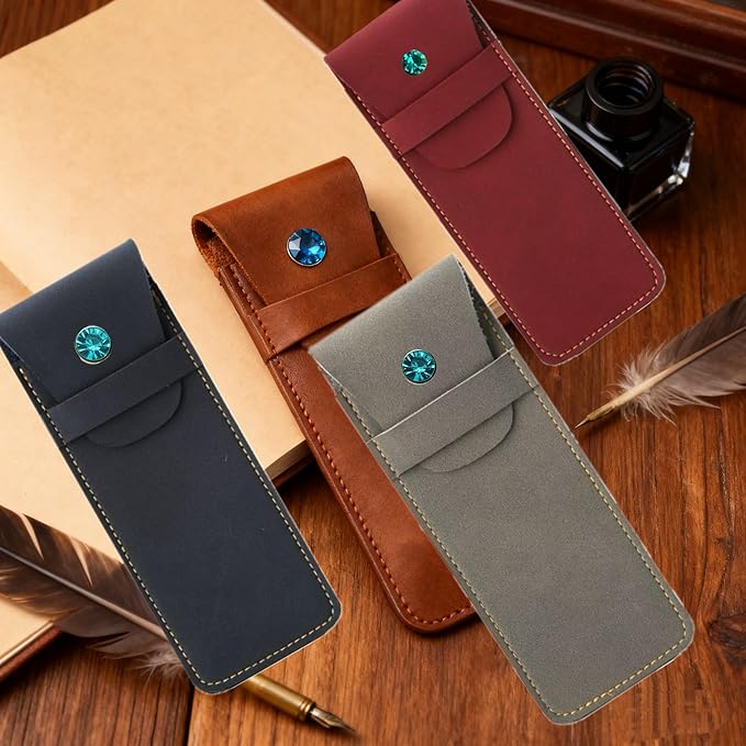 Handmade Leather Pen Case Set - 5 - Pack with Artificial Sapphire Inlay, Multi - Color Pen Sleeves for Fountain Pens & Markers (black)