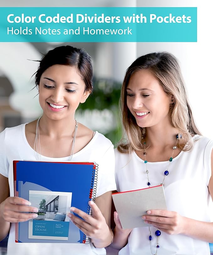 Dunwell 5-Subject Notebook, College Ruled, Colorful Movable Pocket Dividers with Tabs, Front/Back Plastic Covers, 200 Sheets (400 Pages) of 3-Hole Punch Perforated 8.5x11 Paper