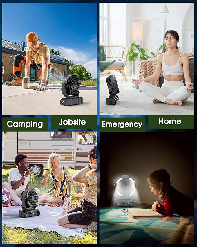 ONLYNEW Portable Camping Fan Rechargeable 20000mAh Battery Operated Oscillating Fan USB C Battery Powered with LED Lantern, Head Rotation,Timer, Remote Auto, Hook for Tents Travel Outdoor Beach Black