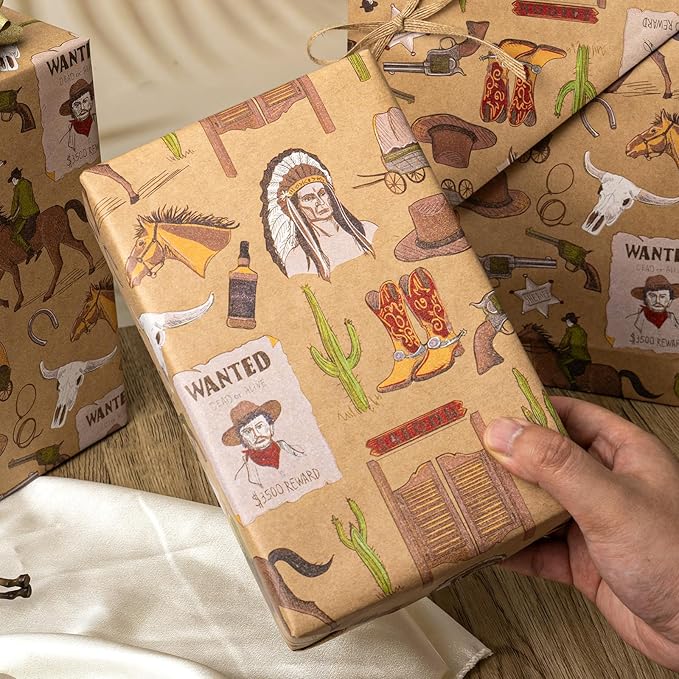 Homeral Rodeo Kraft Wrapping Paper Roll - 17In x 32.8Ft Old Wild West Style Gift Wrap with Cowboy & Horse & Wanted Poster Gift Wrap for Boys Birthday, Bachelor Party, Christmas, Farm Theme