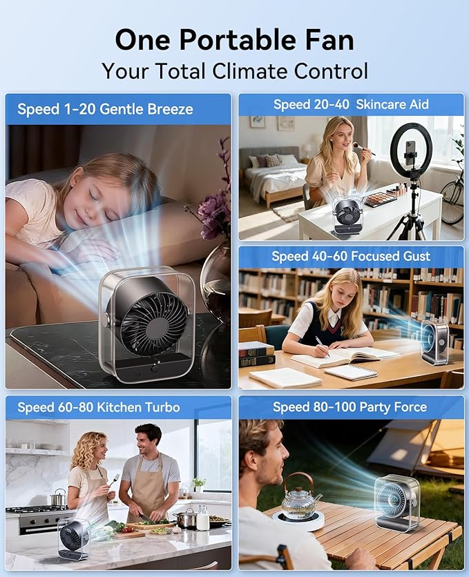 DIGIX USB Rechargeable Desk Fan, Small Portable Table Fan with 100 Speeds Turbo Airflow, 90° Tilt Quiet Desktop Fan for Bedroom with LED Display, Personal Cooling Fan for Travel Office Camping (Black)