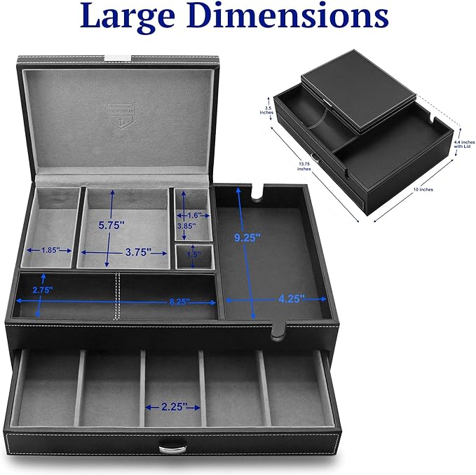 HOUNDSBAY Admiral Dresser Valet Box & Mens Jewelry Box Organizer with Large Smartphone Charging Station (Grey)