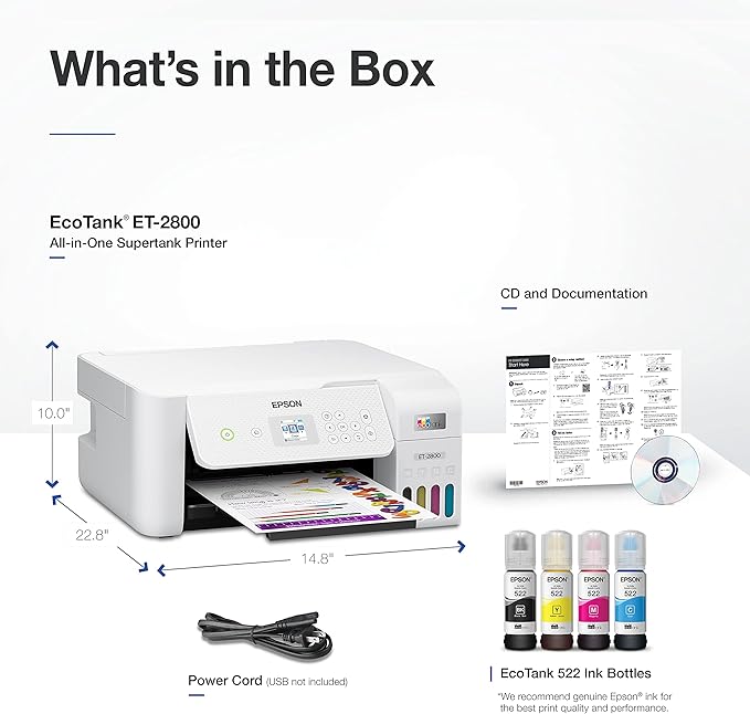 Epson EcoTank ET-2800 Wireless Color All-in-One Cartridge-Free Supertank Printer with Scan and Copy – The Ideal Basic Home Printer - White, Medium