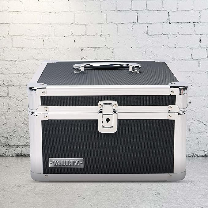 Vaultz Portable Safe Box - 10 x 10 x 6.5 Inch Large Storage Box with Lock, Mesh Pocket & Adjustable Compartments for Cash, Documents and Valuables - Black