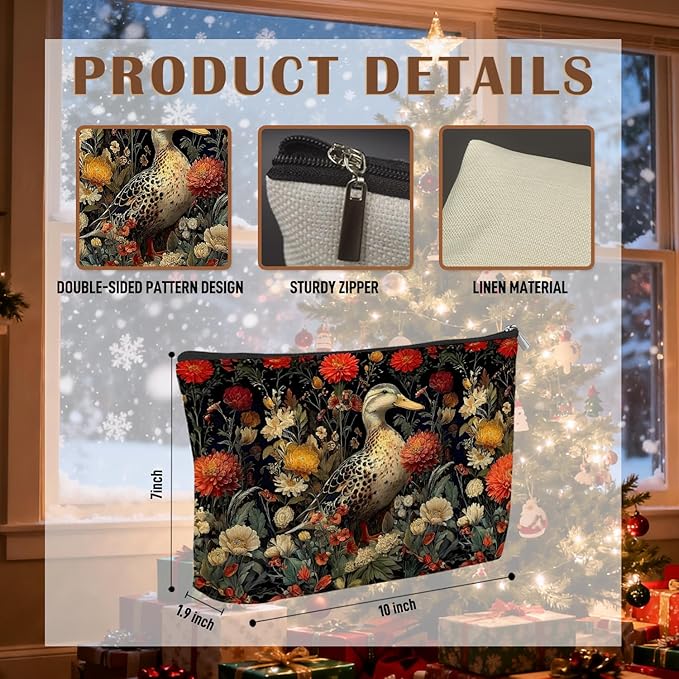 Vintage Floral Duck Makeup Bag, Gifts for Duck Lovers Cosmetic Bag for Women, Dark Cottagecore Wildflower Farm Animal Small Toiletry Bags Zipper Makeup Pouch