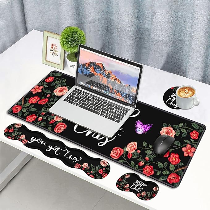 4 in 1 Ergonomic Memory Foam Mouse Pad Wrist Rest Set, Large XXL Gaming Desk Pad + Keyboard Wrist Rest + Mouse Wrist Cushion + Coaster for Home Office Study Gaming, You Got This Inspirational Quote