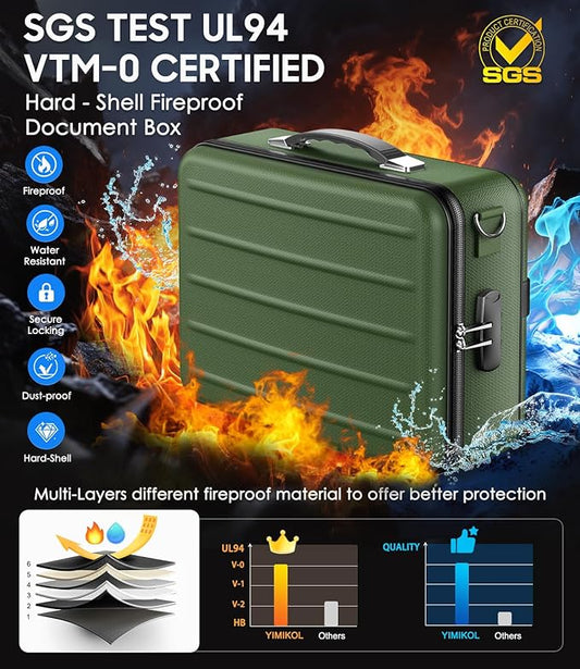 Fireproof Document Box with Lock, Hard-Shell Fireproof Safe for Home Documents, Portable Travel Fire Proof File Box for Passport Laptop Certificates, Alpine Green