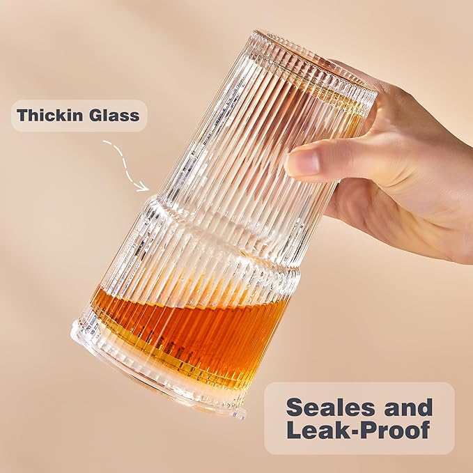 Wells 20oz Glass Cups with Lids and Straws, Ribbed Iced Coffee Cups, Thickened Drinking Glass Tumbler, Ideal for Coffee, Smoothies, Cocktails, and Juices, Clear, Set of 4