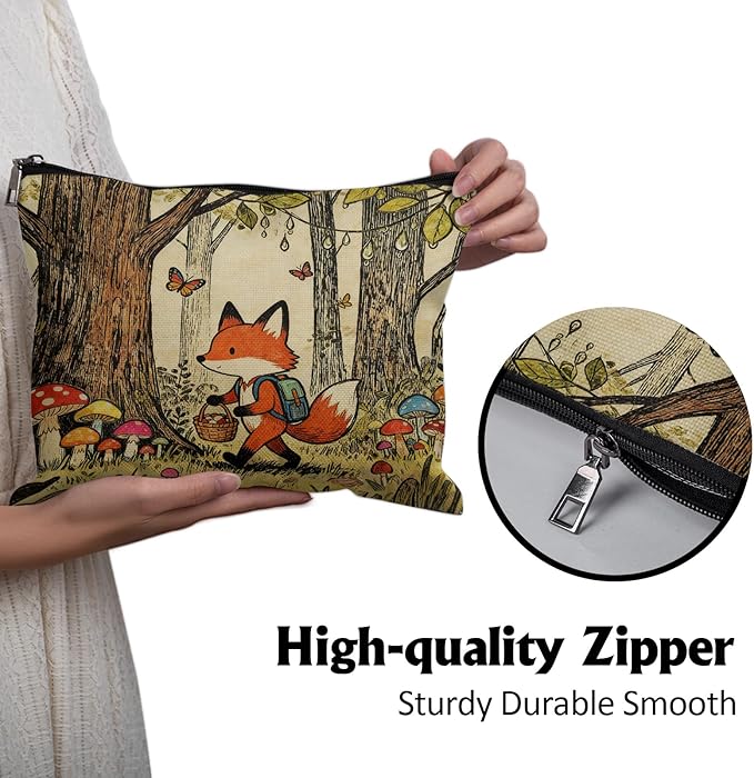 Cafl Fox Forest Mushrooms Makeup Bag Cartoon Cosmetic Bag for Women Large Capacity Make Up Bag Portable Travel Toiletry Pouch Organizer 10 * 8inch