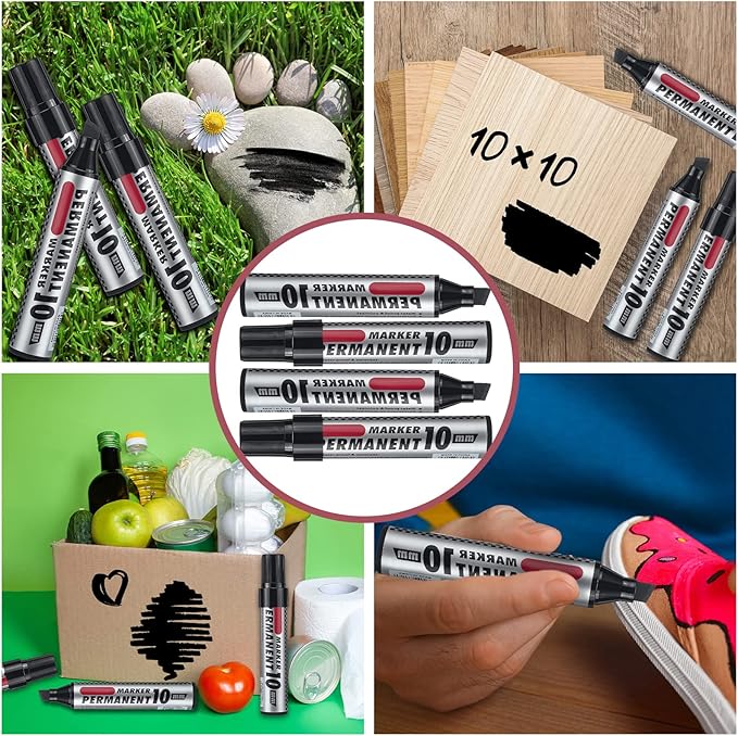 Patelai 100 Pack Jumbo Size Markers Bulk, Black 10mm Chisel Tip Large Marker Pens, Waterproof Quick Dry Markers for Industrial Art, Work on Metal Wood Plastic Glass