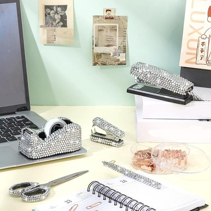Demissle 6 Pcs Bling Office Desk Accessories Set Crystal School Stationery Kit Scissor Stapler with Staple, Tape Dispenser, Diamond Pen, Staple Remover, Binder Clip, Paper Clip, Push Pins(White)