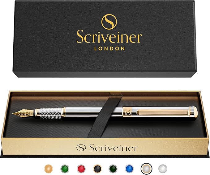 Scriveiner Silver Chrome Fountain Pen - Stunning Luxury Pen, Real Gold Finish, Schmidt Gilded Nib (Fine), Best Gift Set for Men & Women Professional Executive Office Fancy Nice Designer Pen
